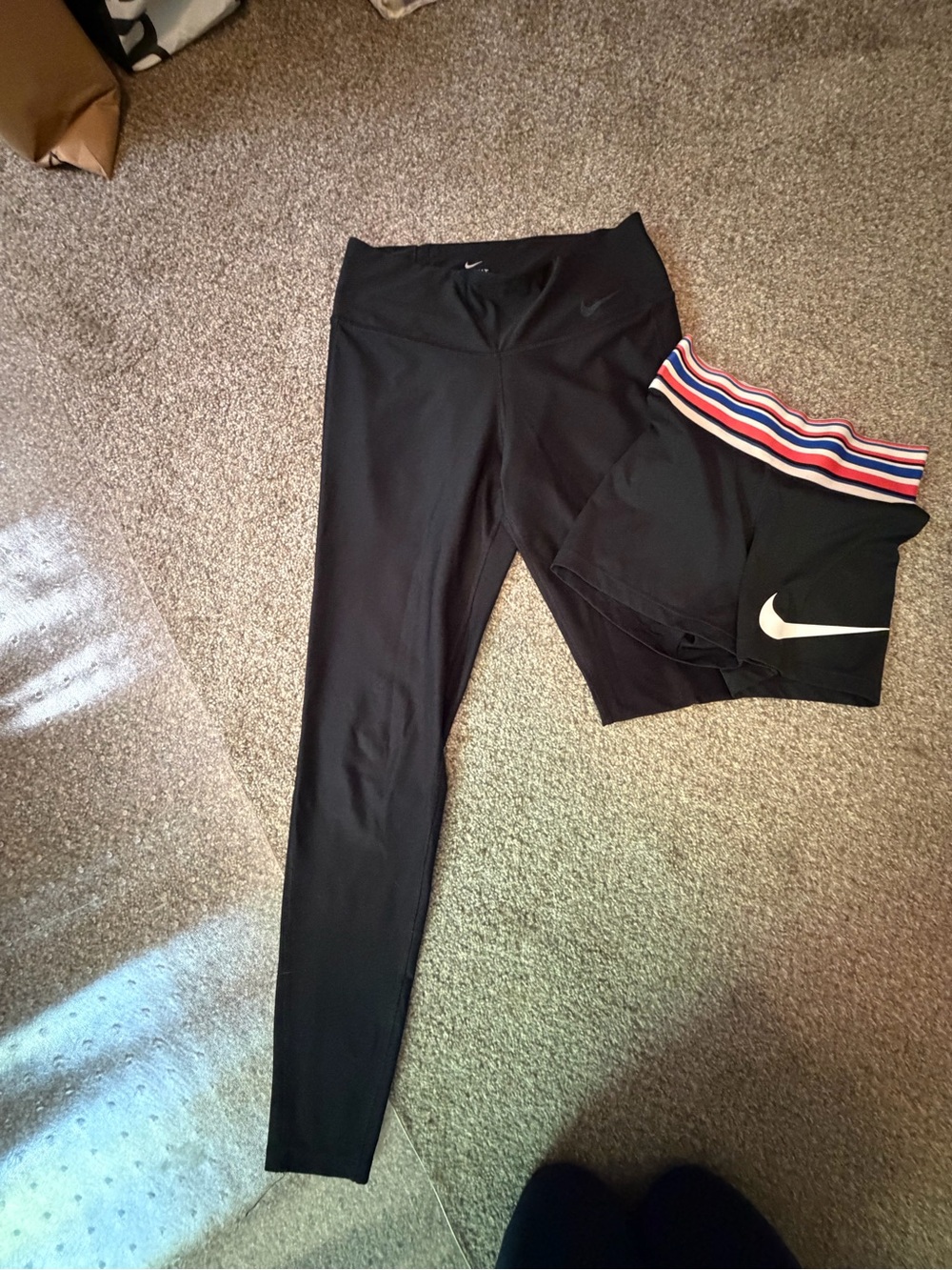 Nike Black Athletic Leggings and  Striped Waistband Shorts